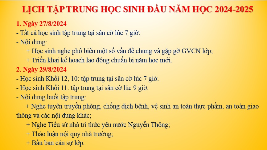 THÔNG BÁO TẬP TRUNG HỌC SINH ĐẦU NĂM HỌC 2024-2025